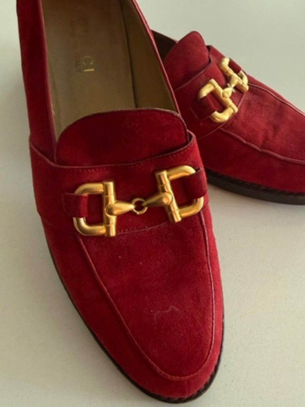 Gucci Red Suede Loafers Horsebit, Size 40.5
